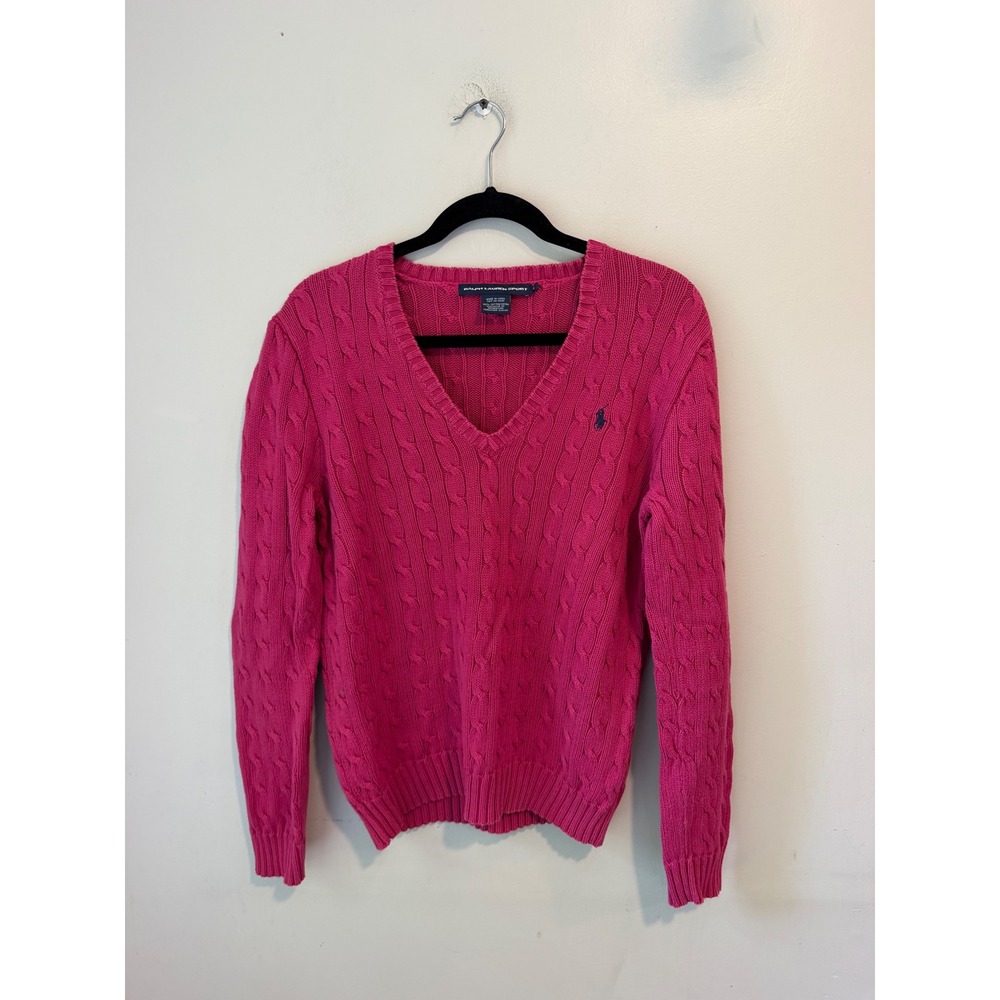 Ralph Lauren Sport Pink Cable Knit V-Neck Cotton Sweater Womens XL Navy Pony
